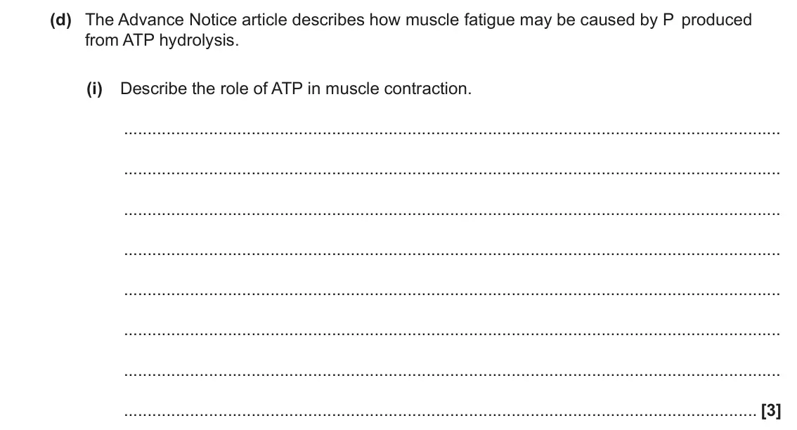 June 2022 Paper 2, question 1(d)(i): Describe the role of ATP in muscle contraction. [3]