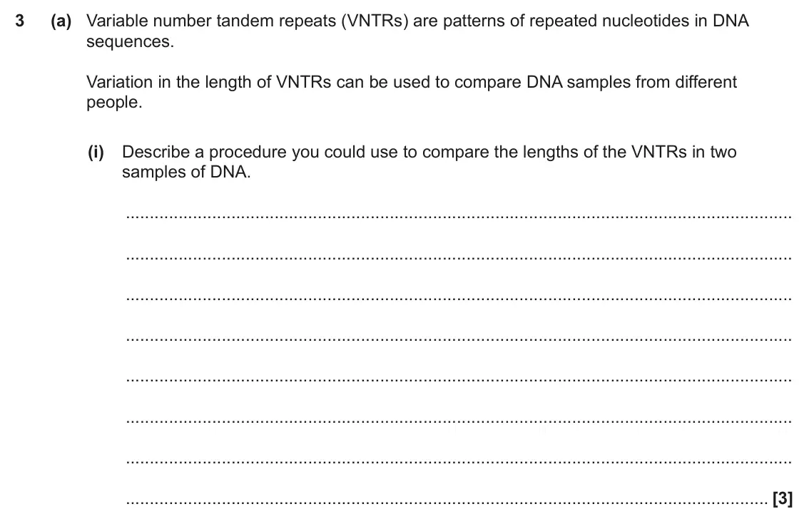 June 2022 Paper 2, question 3(a)(i): Describe a procedure you could use to compare the lengths of the VNTRs in two samples of DNA. [3]