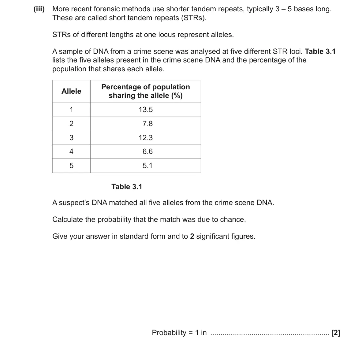 June 2022 Paper 2, question 3(a)(iii): More recent forensic methods use shorter tandem repeats, typically 3 – 5 bases long. These are called short tandem repeats (STRs). STRs of different lengths at
