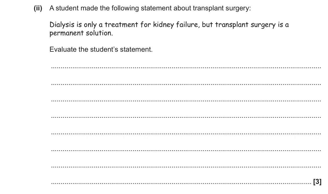 June 2022 Paper 2, question 7(b)(ii): A student made the following statement about transplant surgery: Dialysis is only a treatment for kidney failure, but transplant surgery is a permanent solution