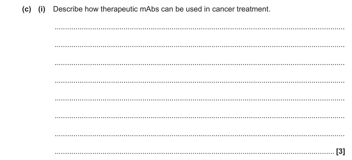 June 2023 Paper 2, question 1(c)(i): Describe how therapeutic mAbs can be used in cancer treatment. [3]