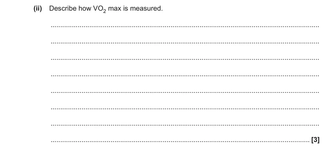 June 2023 Paper 2, question 2(a)(ii): Describe how VO2 max is measured. [3]