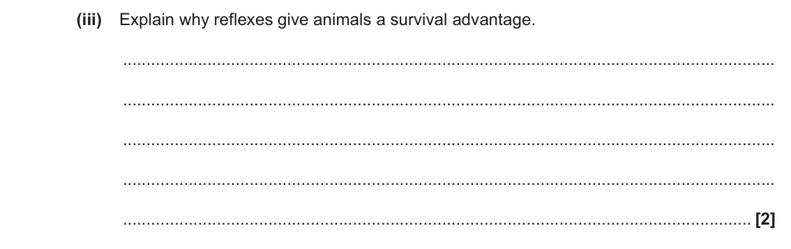 June 2023 Paper 2, question 4(a)(iii): Explain why reflexes give animals a survival advantage. [2]