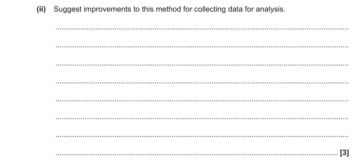 June 2023 Paper 2, question 4(b)(ii): Suggest improvements to this method for collecting data for analysis. [3]