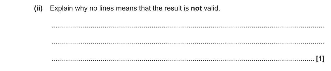 June 2023 Paper 2, question 5(a)(ii): Explain why no lines means that the result is not valid. [1]