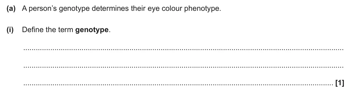 June 2024 Paper 2, question 1(a)(i): Define the term genotype. [1]