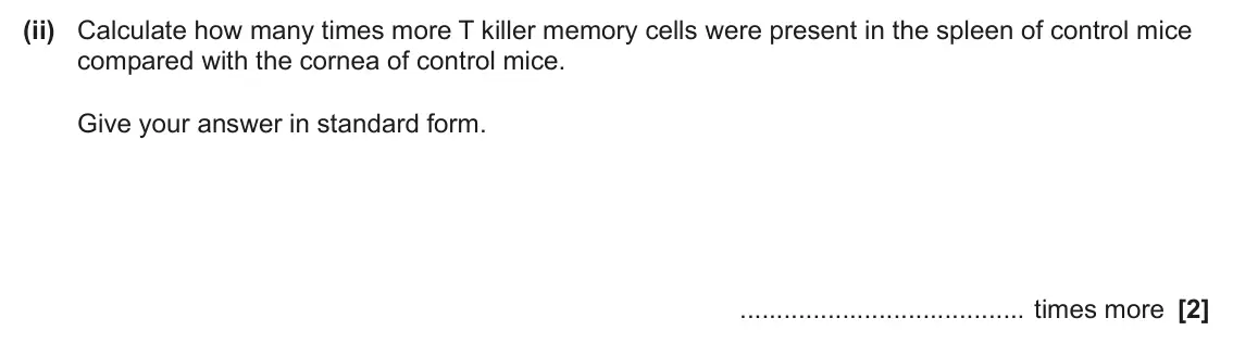 June 2024 Paper 2, question 1(d)(ii): Calculate how many times more T killer memory cells were present in the spleen of control mice compared with the cornea of control mice. Give your answer in sta