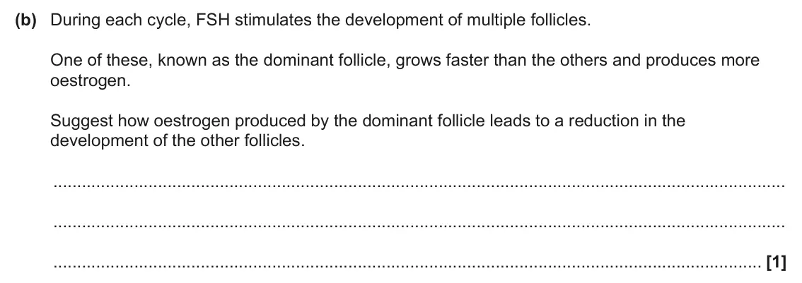 June 2024 Paper 2, question 2(b): During each cycle, FSH stimulates the development of multiple follicles. One of these, known as the dominant follicle, grows faster than the others and produces