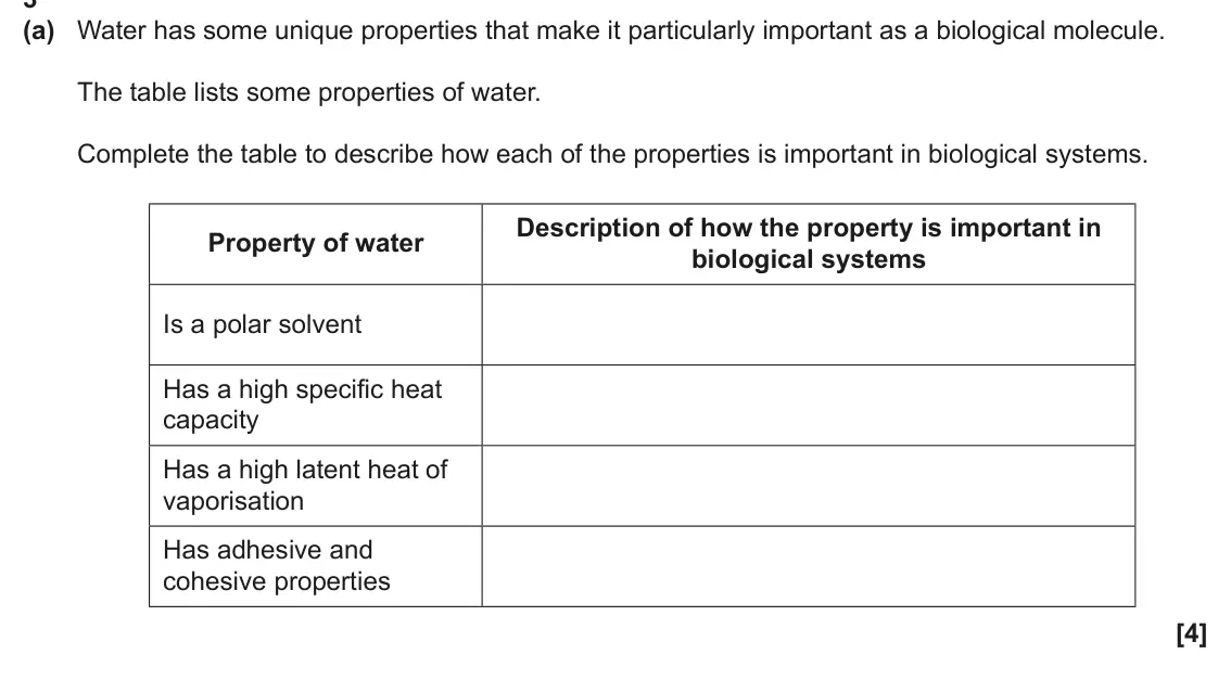 June 2024 Paper 2, question 3(a): Water has some unique properties that make it particularly important as a biological molecule. The table lists some properties of water. Complete the table to d