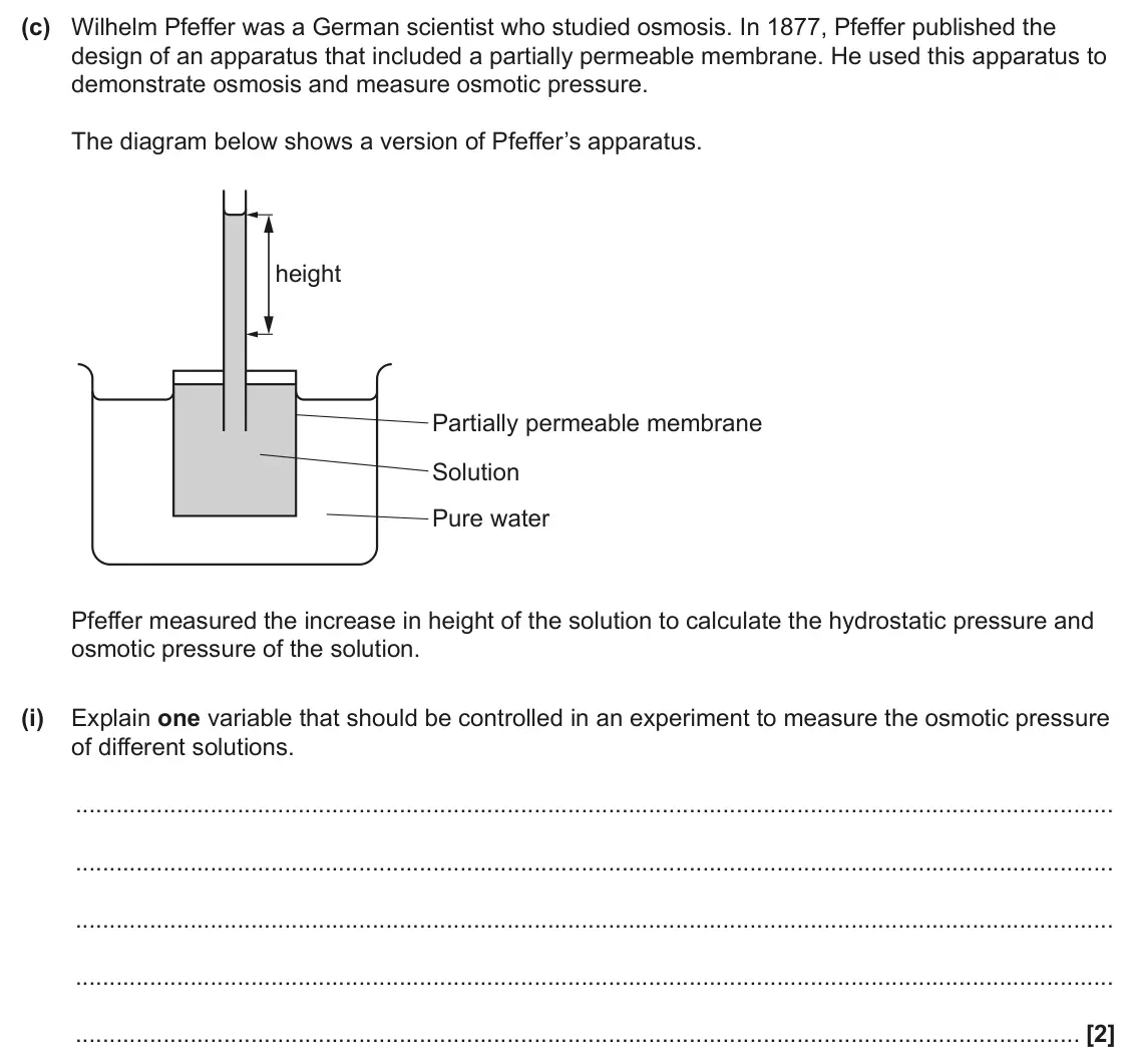 June 2024 Paper 2, question 3(c)(i): Explain one variable that should be controlled in an experiment to measure the osmotic pressure of different solutions. [2]