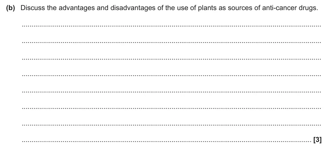 June 2024 Paper 2, question 4(b): Discuss the advantages and disadvantages of the use of plants as sources of anti-cancer drugs. [3]