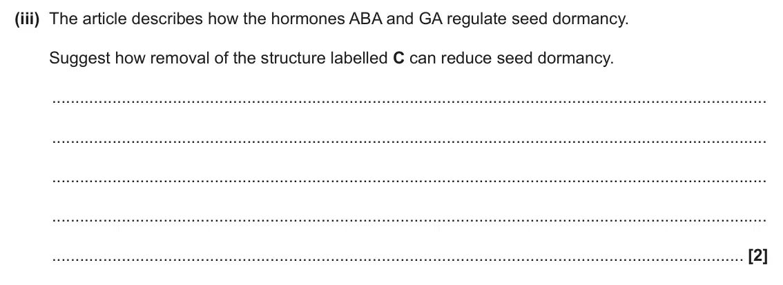 June 2025 Paper 2, question 1(a)(iii): The article describes how the hormones ABA and GA regulate seed dormancy. Suggest how removal of the structure labelled C can reduce seed dormancy. [2]