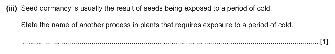 June 2025 Paper 2, question 1(b)(iii): Seed dormancy is usually the result of seeds being exposed to a period of cold. State the name of another process in plants that requires exposure to a period o