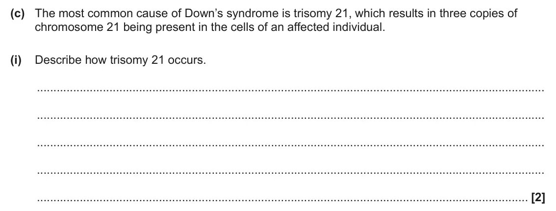 June 2025 Paper 2, question 5(c)(i): Describe how trisomy 21 occurs. [2]