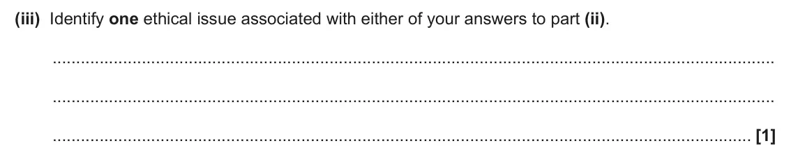 June 2025 Paper 2, question 5(d)(iii): Identify one ethical issue associated with either of your answers to part (ii). [1]