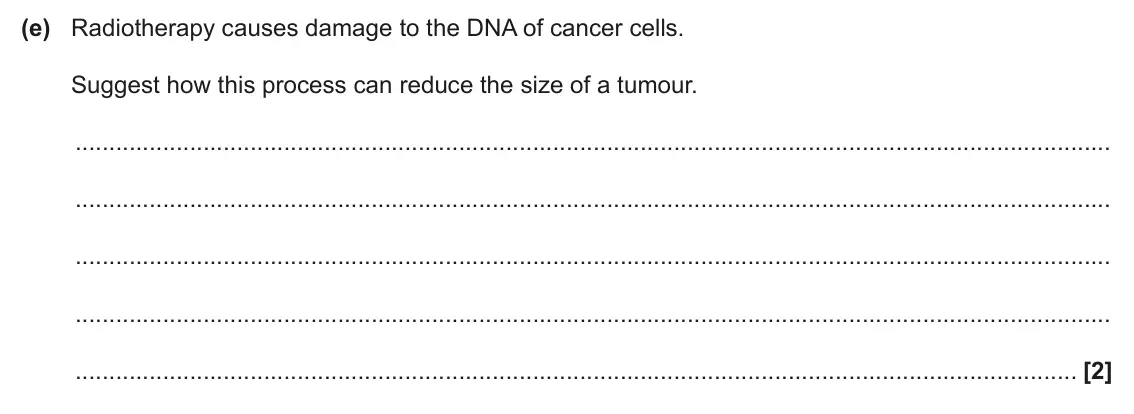 June 2025 Paper 2, question 7(e): Radiotherapy causes damage to the DNA of cancer cells. Suggest how this process can reduce the size of a tumour. [2]