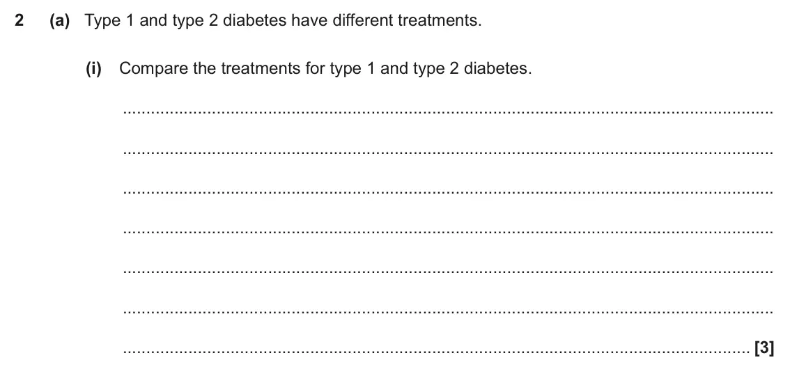 November 2020 Paper 2, question 2(a)(i): Compare the treatments for type 1 and type 2 diabetes. [3]