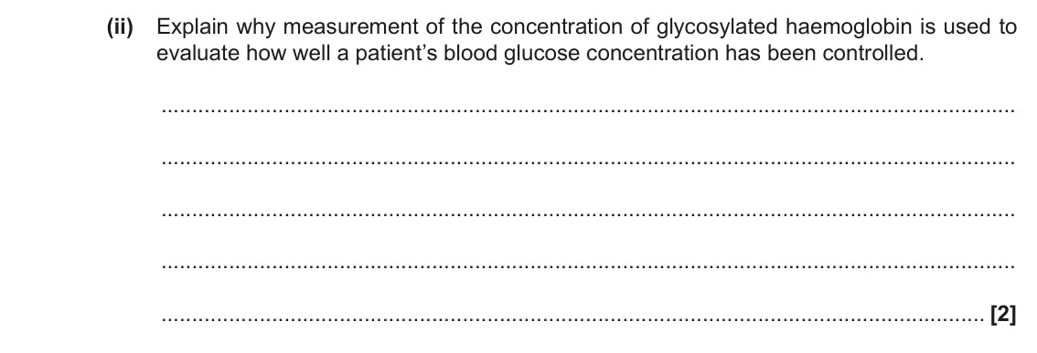 November 2020 Paper 2, question 2(a)(ii): Explain why measurement of the concentration of glycosylated haemoglobin is used to evaluate how well a patient’s blood glucose concentration has been controlle