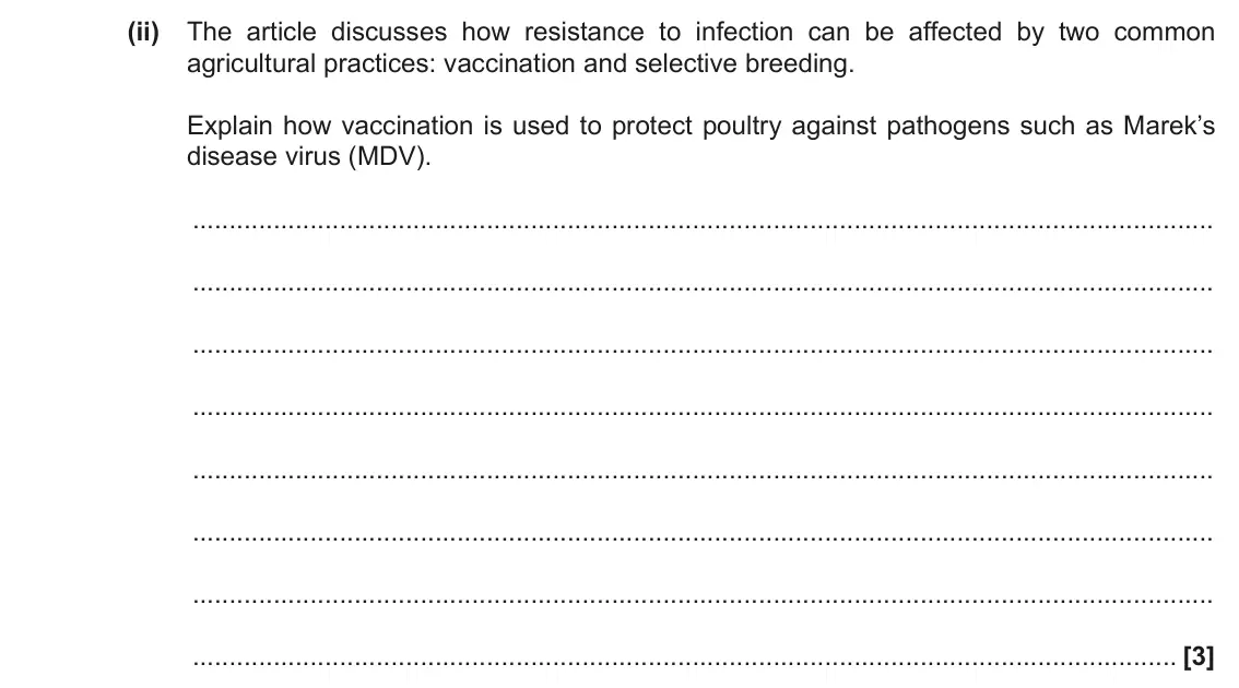 November 2021 Paper 2, question 1(d)(ii): The article discusses how resistance to infection can be affected by two common agricultural practices: vaccination and selective breeding. Explain how vaccinat