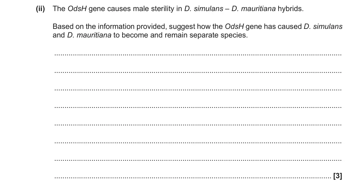 November 2021 Paper 2, question 5(c)(ii): The OdsH gene causes male sterility in D. simulans – D. mauritiana hybrids. Based on the information provided, suggest how the OdsH gene has caused D. simulans 