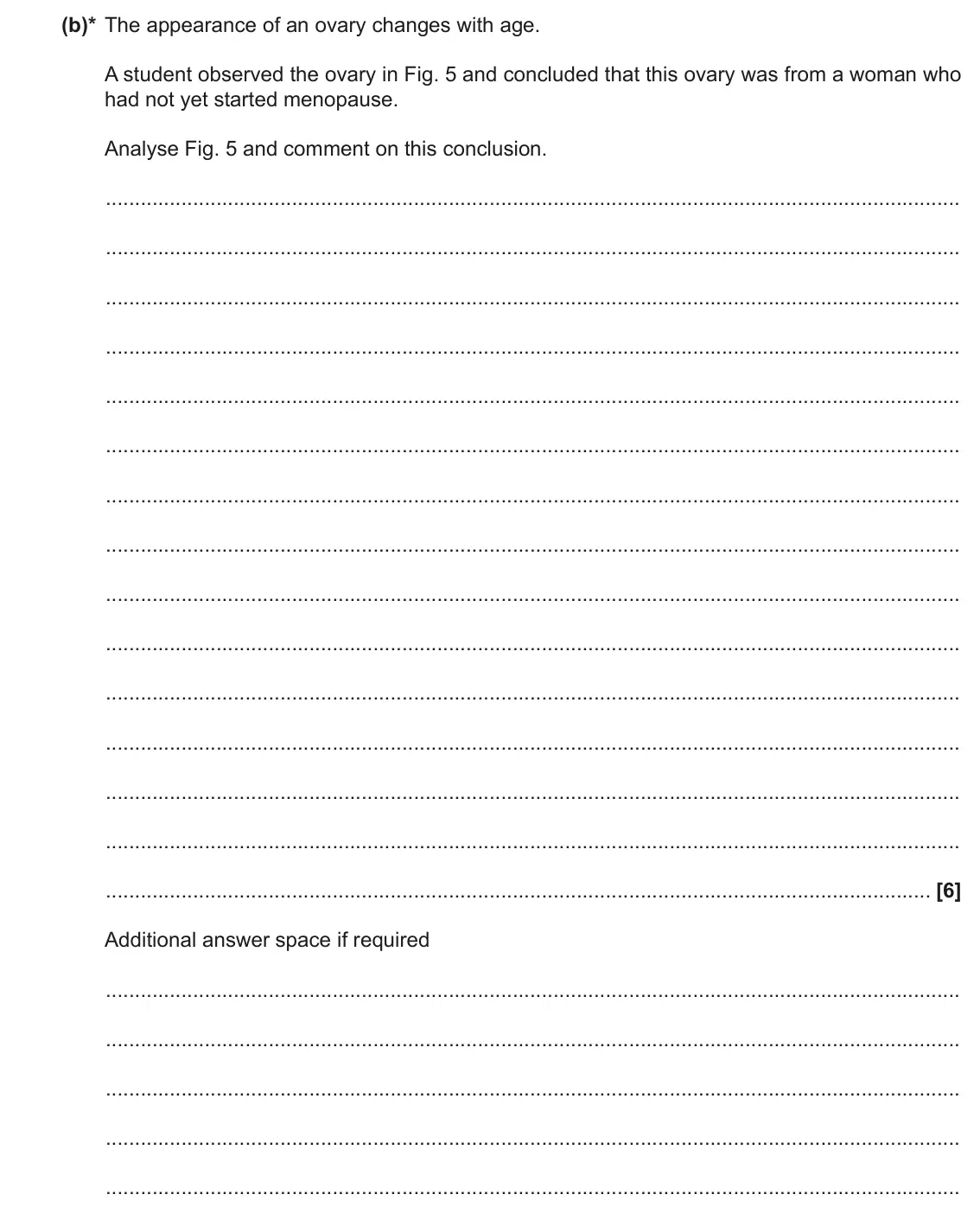 June 2019 Paper 3, question 5(b): Fig. 5, on the insert, is a photomicrograph of a human ovary. Structures within the ovary have been labelled, A to F. (b)* The appearance of an ovary changes wi