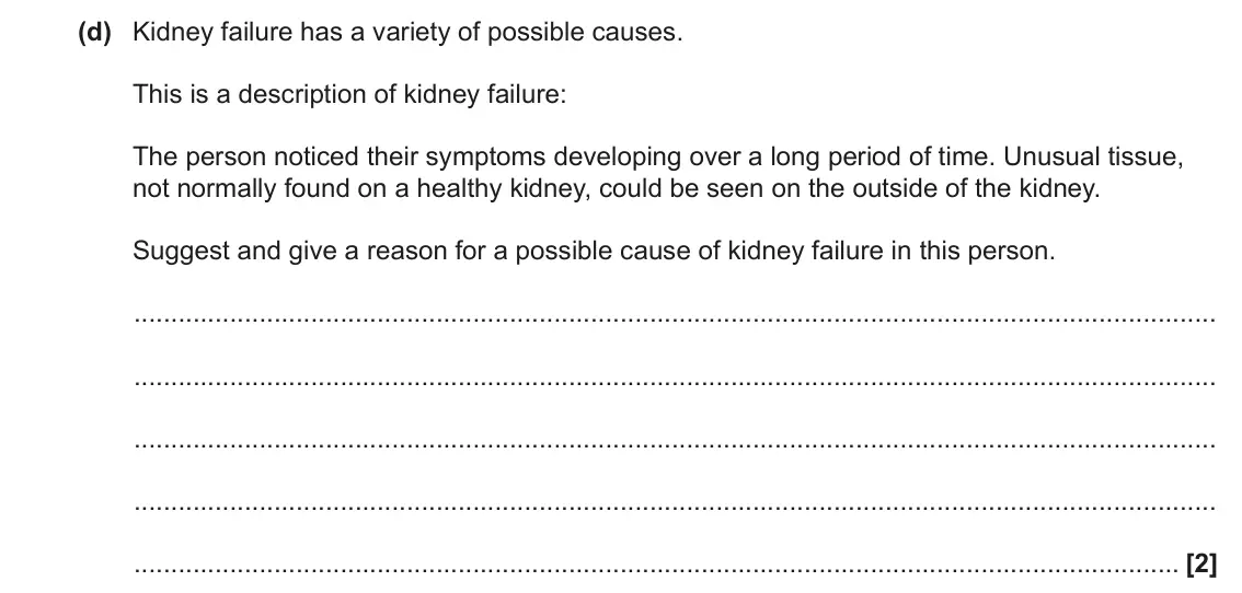 June 2023 Paper 3, question 3(d): Kidney failure has a variety of possible causes. This is a description of kidney failure: The person noticed their symptoms developing over a long period of tim