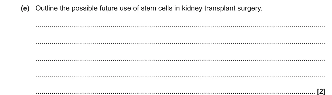 June 2023 Paper 3, question 3(e): Outline the possible future use of stem cells in kidney transplant surgery. [2]
