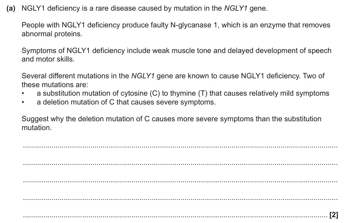 June 2024 Paper 3, question 2(a): NGLY1 deficiency is a rare disease caused by mutation in the NGLY1 gene. People with NGLY1 deficiency produce faulty N-glycanase 1, which is an enzyme that remo
