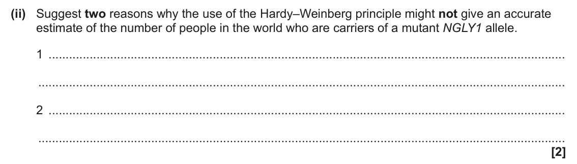 June 2024 Paper 3, question 2(b)(ii): Suggest two reasons why the use of the Hardy–Weinberg principle might not give an accurate estimate of the number of people in the world who are carriers of a m
