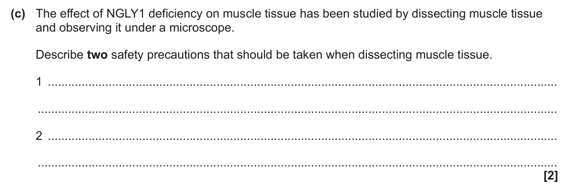 June 2024 Paper 3, question 2(c): The effect of NGLY1 deficiency on muscle tissue has been studied by dissecting muscle tissue and observing it under a microscope. Describe two safety precaution