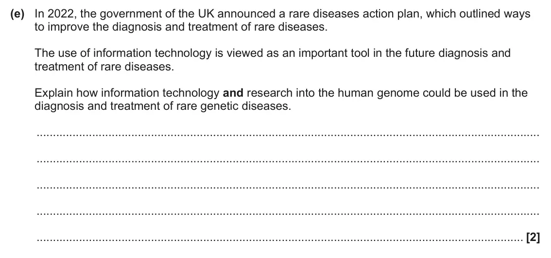 June 2024 Paper 3, question 2(e): In 2022, the government of the UK announced a rare diseases action plan, which outlined ways to improve the diagnosis and treatment of rare diseases. The use of