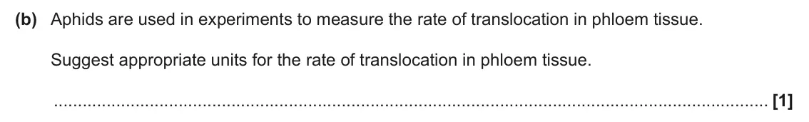June 2024 Paper 3, question 4(b): Aphids are used in experiments to measure the rate of translocation in phloem tissue. Suggest appropriate units for the rate of translocation in phloem tissue. 