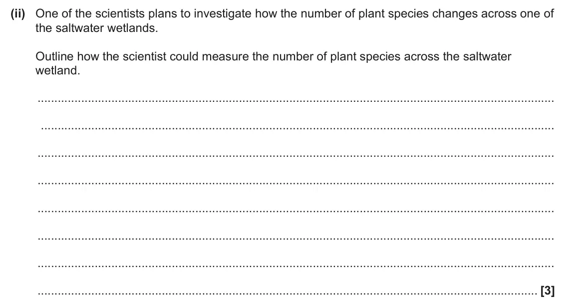 June 2024 Paper 3, question 5(a)(ii): One of the scientists plans to investigate how the number of plant species changes across one of the saltwater wetlands. Outline how the scientist could measure