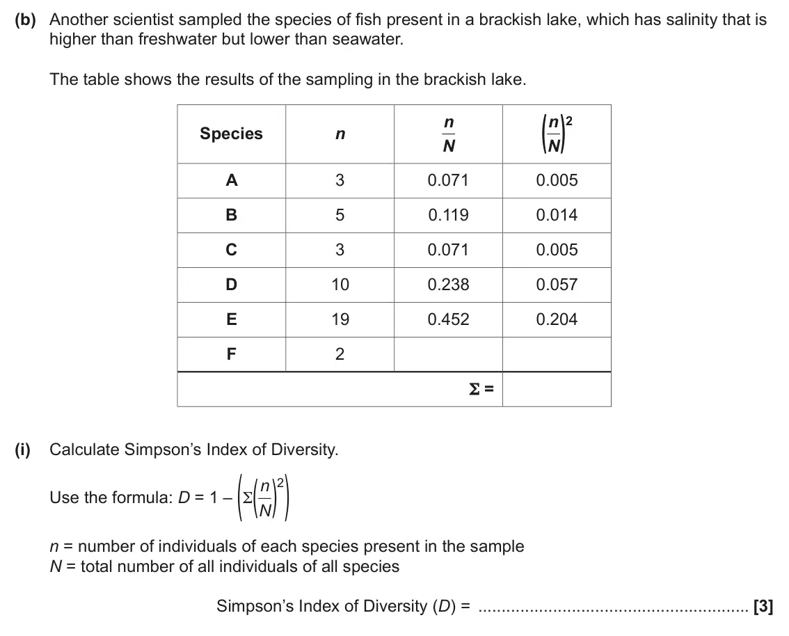 June 2024 Paper 3, question 5(b)(i): Calculate Simpson’s Index of Diversity. Use the formula: D = 1 – (Σ( ) N) 2 n n = number of individuals of each species present in the sample N = total number o