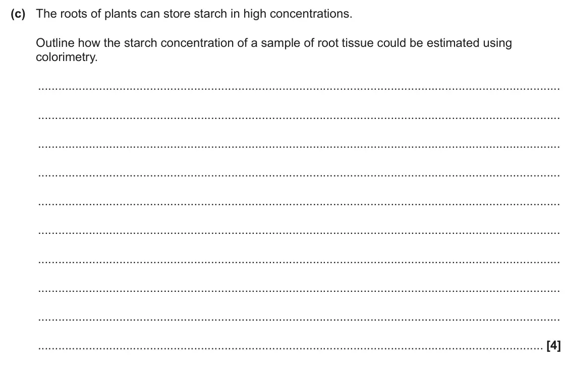 June 2025 Paper 3, question 1(c): The roots of plants can store starch in high concentrations. Outline how the starch concentration of a sample of root tissue could be estimated using colorimetr
