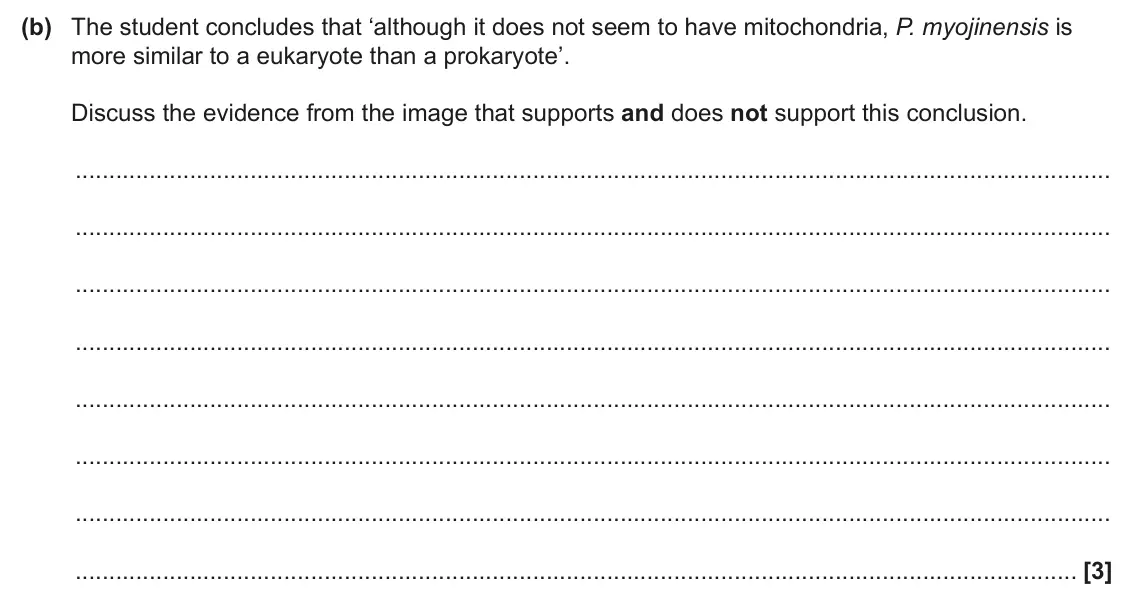 June 2025 Paper 3, question 3(b): The student concludes that ‘although it does not seem to have mitochondria, P. myojinensis is more similar to a eukaryote than a prokaryote’. Discuss the eviden