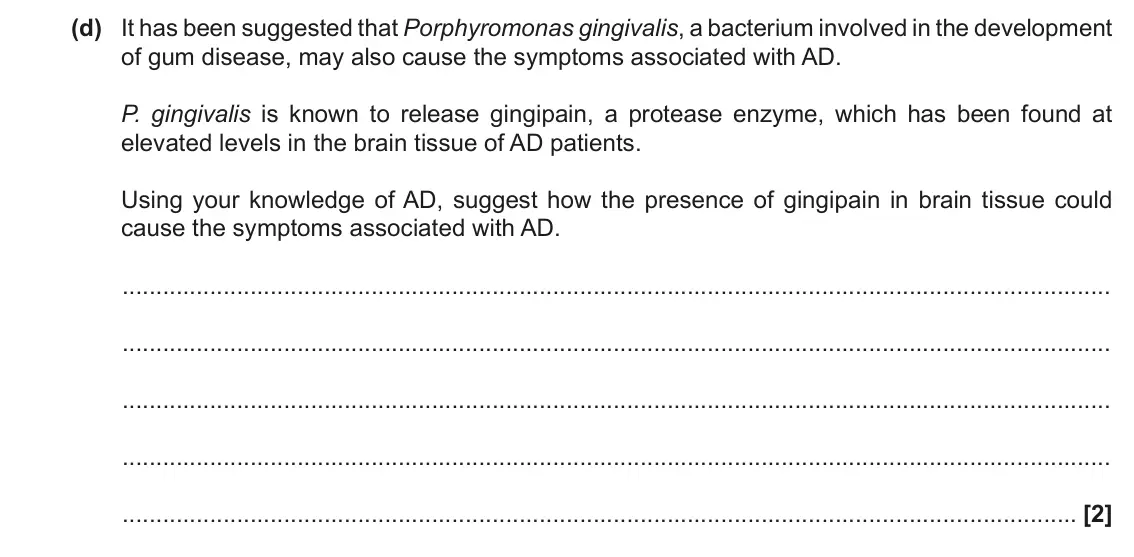 November 2021 Paper 3, question 1(d): It has been suggested that Porphyromonas gingivalis, a bacterium involved in the development of gum disease, may also cause the symptoms associated with AD. P.