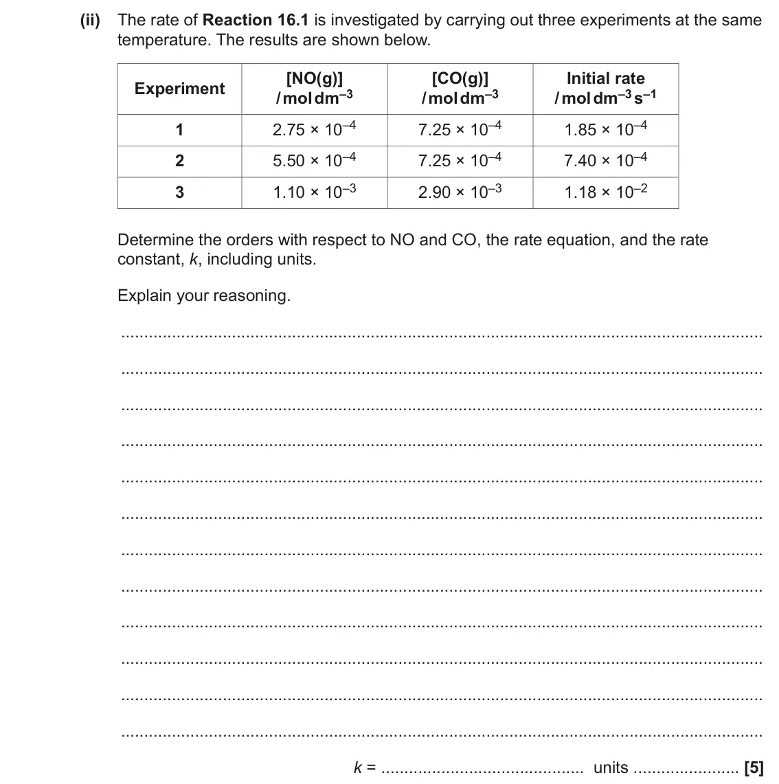 June 2022 Paper 1, question 16(a)(ii): The rate of Reaction 16.1 is investigated by carrying out three experiments at the same temperature. The results are shown below. [NO(g)] [CO(g)] Initial rate E