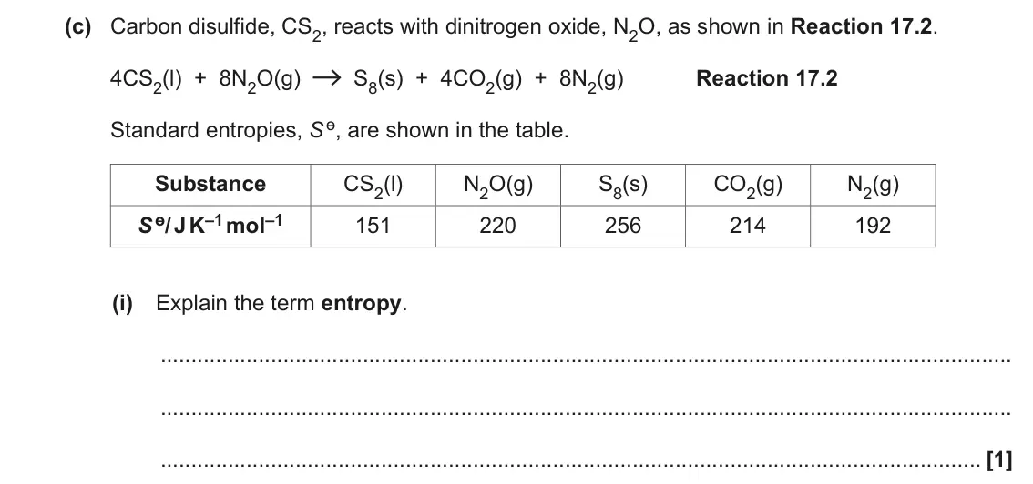 June 2022 Paper 1, question 17(c)(i): Explain the term entropy. [1]