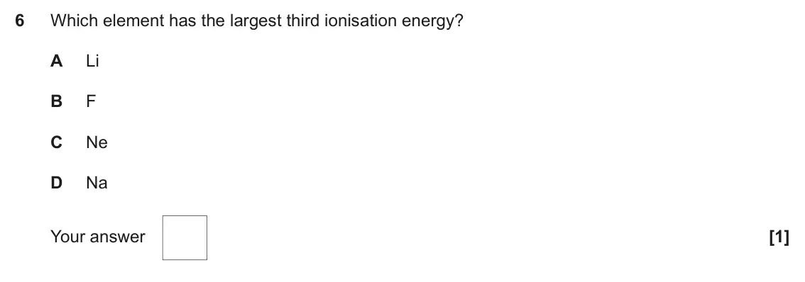 June 2023 Paper 1, question 6: Which element has the largest third ionisation energy? A Li B F C Ne D Na Your answer [1]