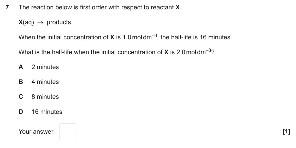 June 2023 Paper 1, question 7: The reaction below is first order with respect to reactant X. X(aq) products When the initial concentration of X is 1.0 mol dm–3, the half-life is 16 minutes. W