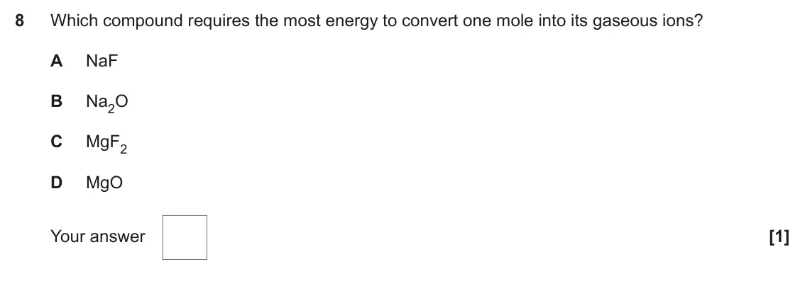 June 2023 Paper 1, question 8: Which compound requires the most energy to convert one mole into its gaseous ions? A NaF B Na2O C MgF2 D MgO Your answer [1]
