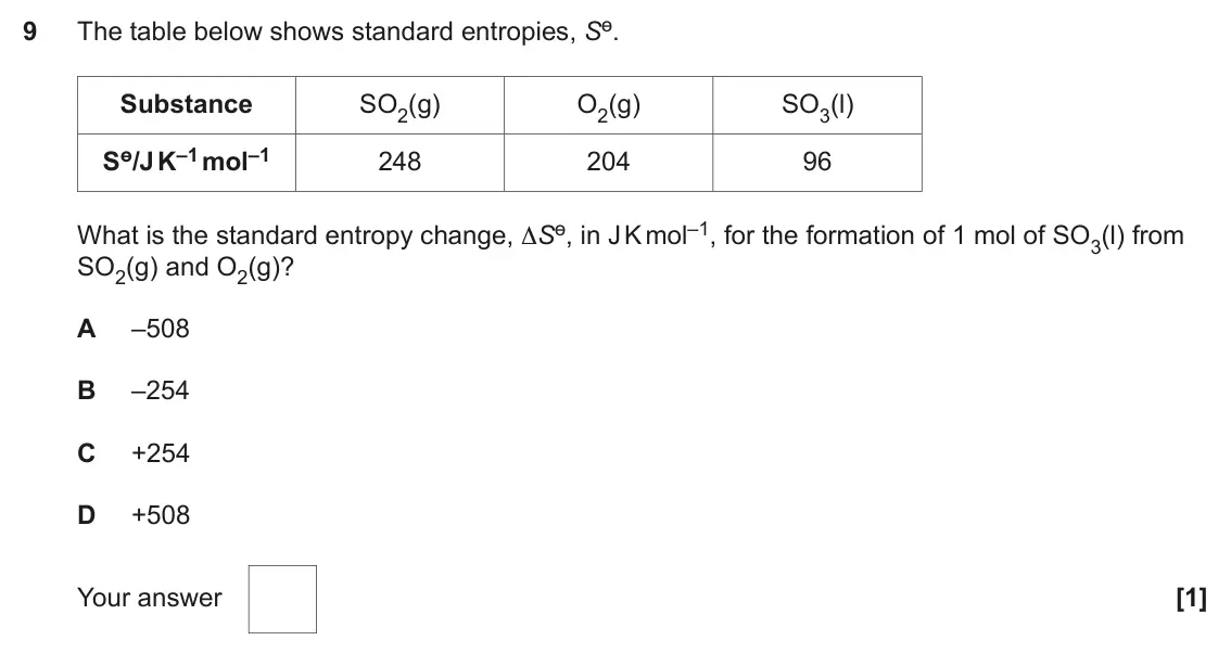 June 2023 Paper 1, question 9: The table below shows standard entropies, Sө. 9 Substance SO2(g) O2(g) SO3(l) Sө/J K–1 mol–1 248 204 96 What is the standard entropy change, ∆Sө, in J K mol–1, 