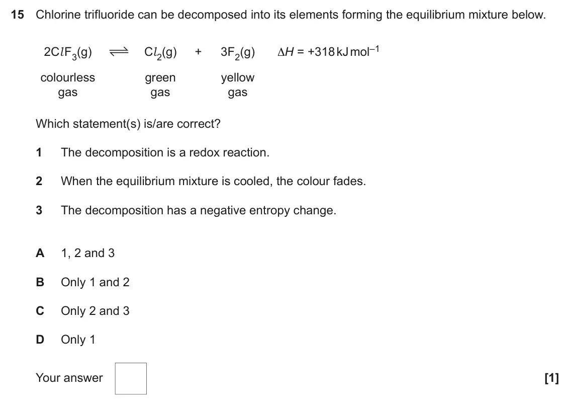 June 2023 Paper 1, question 15: Chlorine trifluoride can be decomposed into its elements forming the equilibrium mixture below. ∆H = +318 kJ mol–1 2Cl F3(g) Cl 2(g) + 3F2(g) colourless green y