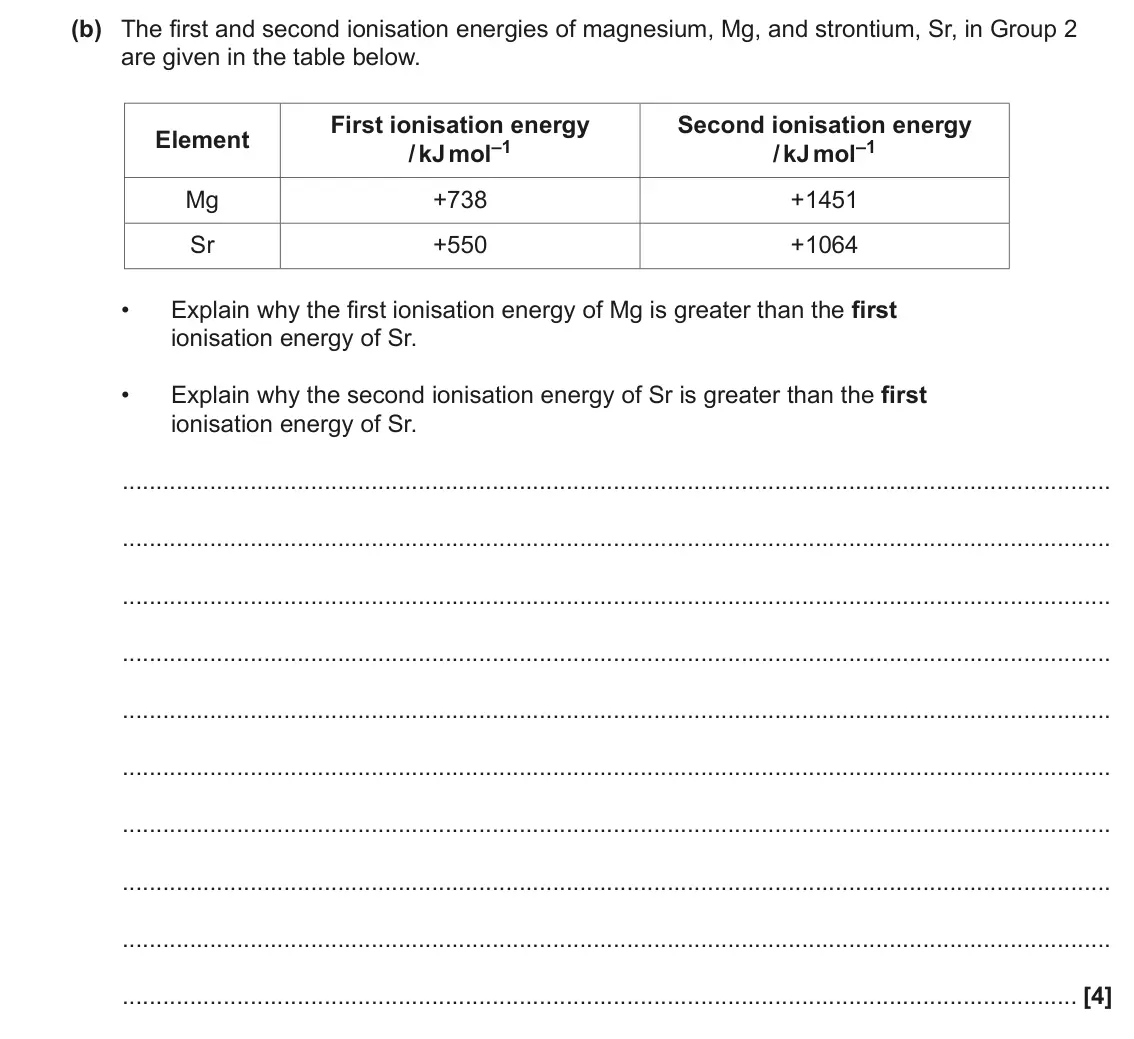 June 2023 Paper 1, question 16(b): The first and second ionisation energies of magnesium, Mg, and strontium, Sr, in Group 2 are given in the table below. First ionisation energy Second ionisation
