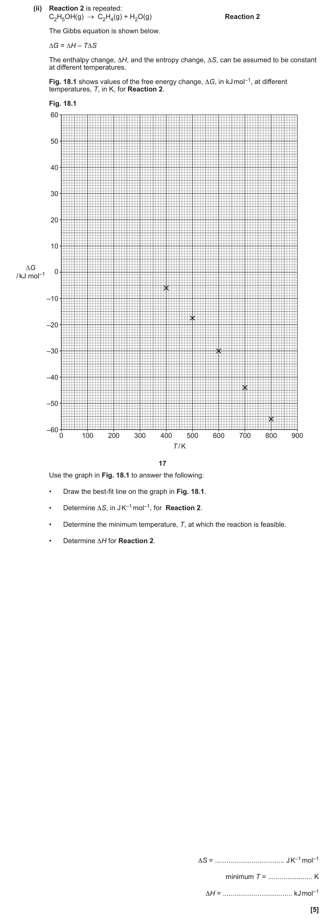 June 2023 Paper 1, question 18(c)(ii): Reaction 2 is repeated: C2H5OH(g) C2H4(g) + H2O(g) Reaction 2 The Gibbs equation is shown below. ∆G = ∆H – T∆S The enthalpy change, ∆H, and the entropy change,