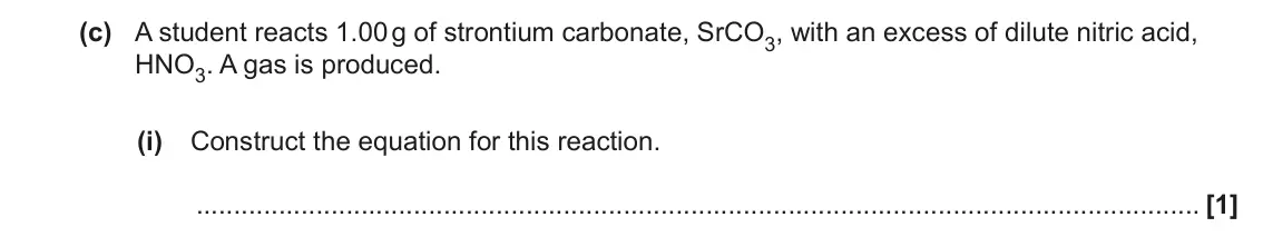 June 2023 Paper 1, question 20(c)(i): Construct the equation for this reaction. [1]