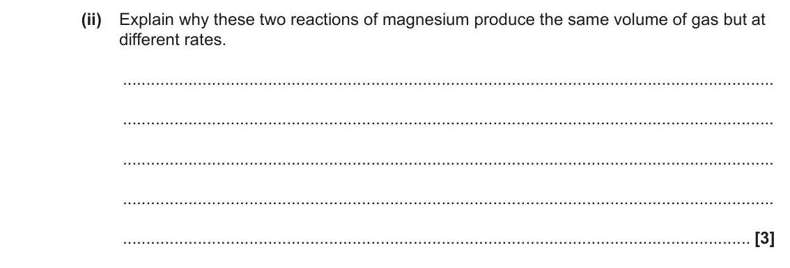 June 2023 Paper 1, question 20(d)(ii): Explain why these two reactions of magnesium produce the same volume of gas but at different rates. [3]