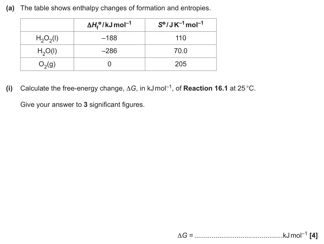 June 2024 Paper 1, question 16(a)(i): Give your answer to 3 significant figures. ∆G = kJ mol–1 [4]