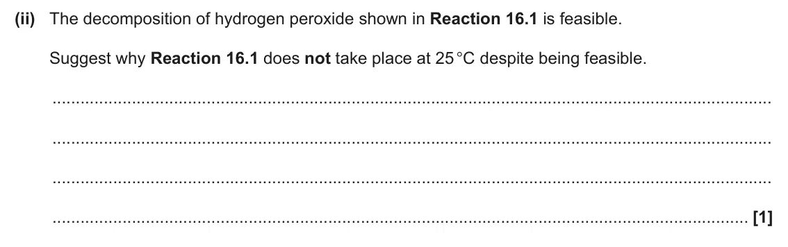 June 2024 Paper 1, question 16(a)(ii): The decomposition of hydrogen peroxide shown in Reaction 16.1 is feasible. Suggest why Reaction 16.1 does not take place at 25 °C despite being feasible. [1]